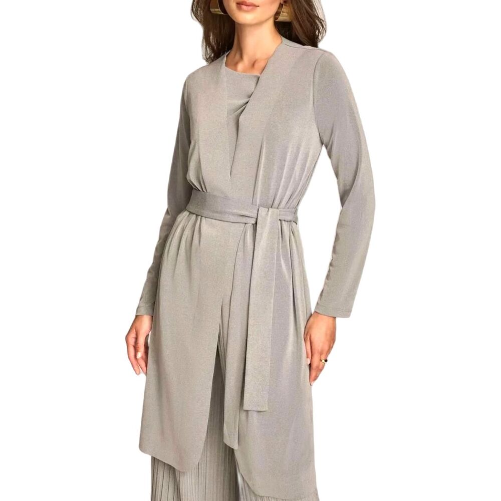 Donna Karan Women’s Long Cardigan Medium Silver Grey Tie Waist Stretch NWT